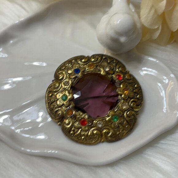EDWARDIAN ANTIQUE FAUX AMETHYST FLORAL BROOCH - Picture 2 of 7